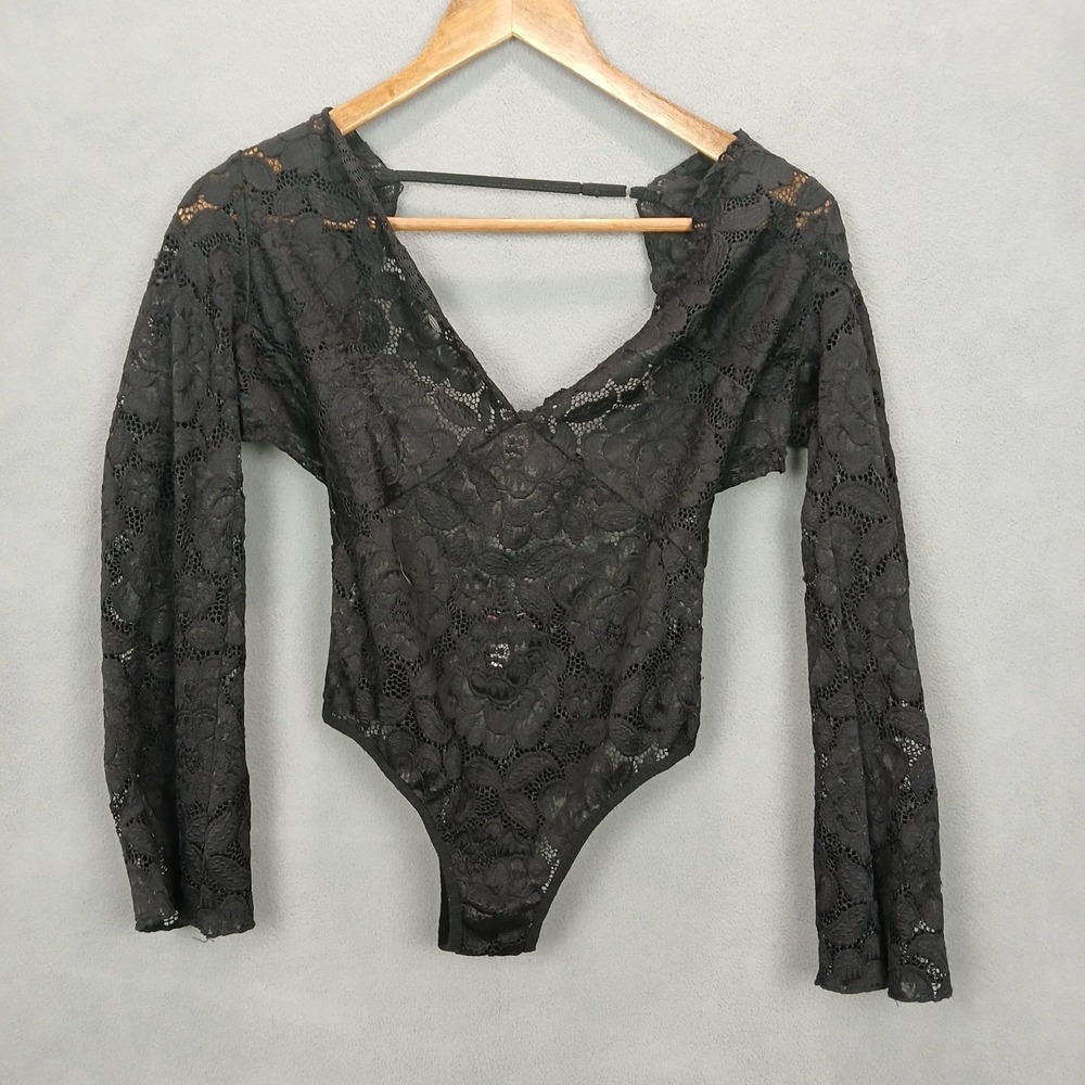 Shirley of Hollywood Bodysuit Womens Medium Black Lace Floral Stretch V Neck